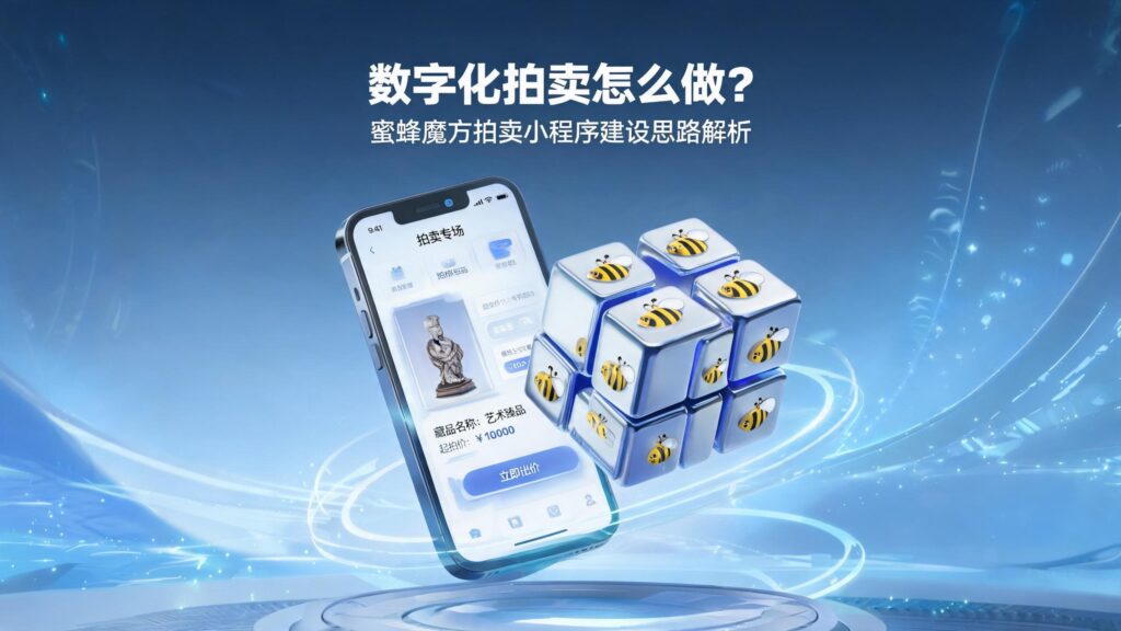 当前图片没有替代文字。文件名为:jimeng-2026-09-15-4045-图片标题为:-数字化拍卖怎么做?蜜蜂魔方拍卖小程序建设思路解析-图片风格科技C4.jpg