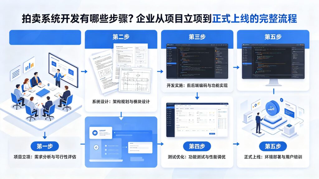 当前图片没有替代文字。文件名为:jimeng-2026-10-26-7193-标题为拍卖系统开发有哪些步骤?企业从项目立项到正式上线的完整流程-生成的图片文.jpg